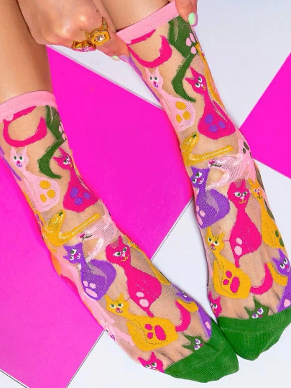 Sock Candy 'Dopamine Cats' Colorful Sheer Socks - NEW